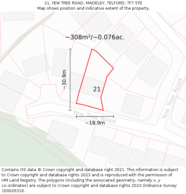 21, YEW TREE ROAD, MADELEY, TELFORD, TF7 5TE: Plot and title map