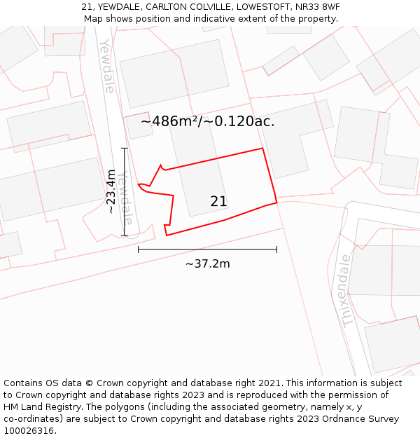 21, YEWDALE, CARLTON COLVILLE, LOWESTOFT, NR33 8WF: Plot and title map