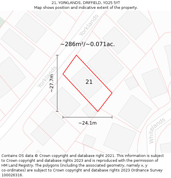 21, YORKLANDS, DRIFFIELD, YO25 5YT: Plot and title map