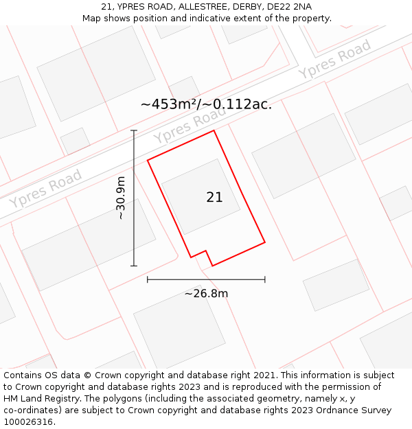 21, YPRES ROAD, ALLESTREE, DERBY, DE22 2NA: Plot and title map