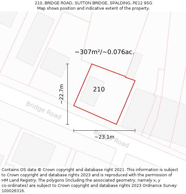 210, BRIDGE ROAD, SUTTON BRIDGE, SPALDING, PE12 9SG: Plot and title map