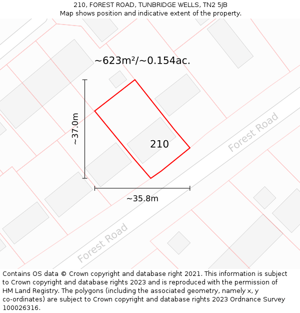210, FOREST ROAD, TUNBRIDGE WELLS, TN2 5JB: Plot and title map