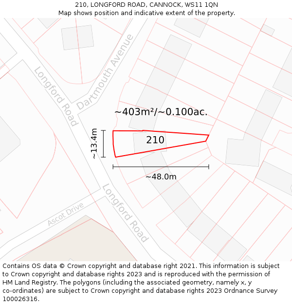 210, LONGFORD ROAD, CANNOCK, WS11 1QN: Plot and title map