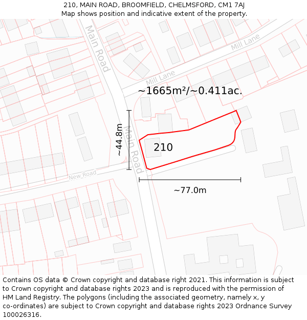 210, MAIN ROAD, BROOMFIELD, CHELMSFORD, CM1 7AJ: Plot and title map