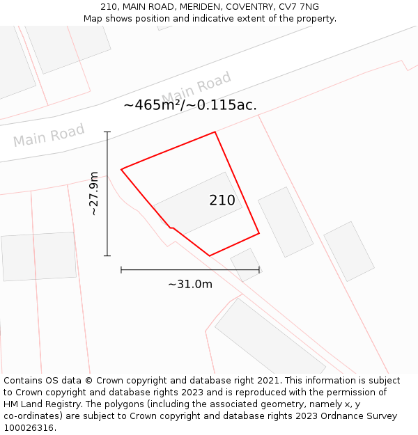 210, MAIN ROAD, MERIDEN, COVENTRY, CV7 7NG: Plot and title map