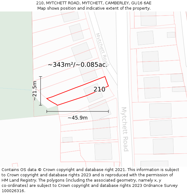 210, MYTCHETT ROAD, MYTCHETT, CAMBERLEY, GU16 6AE: Plot and title map