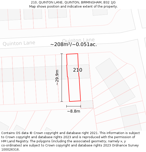 210, QUINTON LANE, QUINTON, BIRMINGHAM, B32 1JG: Plot and title map