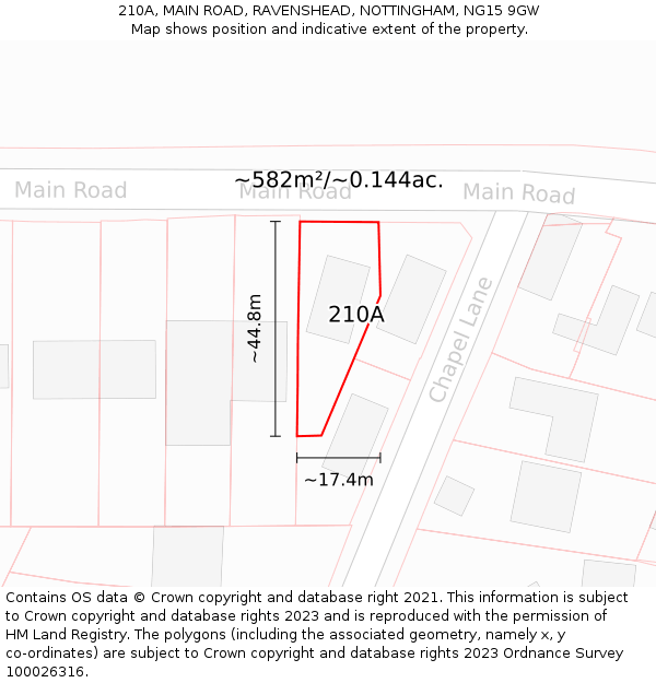 210A, MAIN ROAD, RAVENSHEAD, NOTTINGHAM, NG15 9GW: Plot and title map