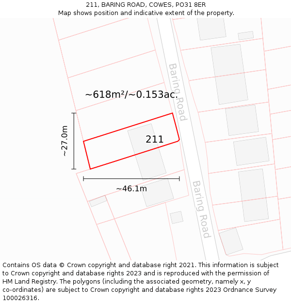 211, BARING ROAD, COWES, PO31 8ER: Plot and title map