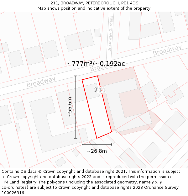 211, BROADWAY, PETERBOROUGH, PE1 4DS: Plot and title map