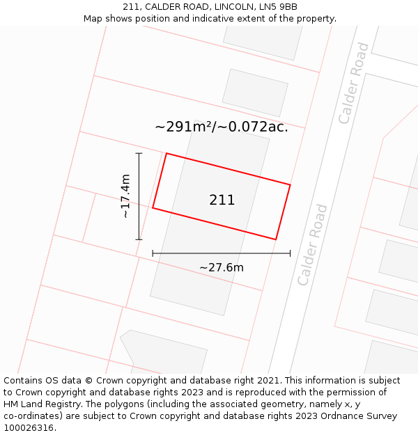 211, CALDER ROAD, LINCOLN, LN5 9BB: Plot and title map