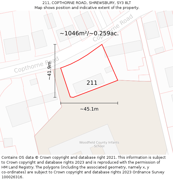 211, COPTHORNE ROAD, SHREWSBURY, SY3 8LT: Plot and title map