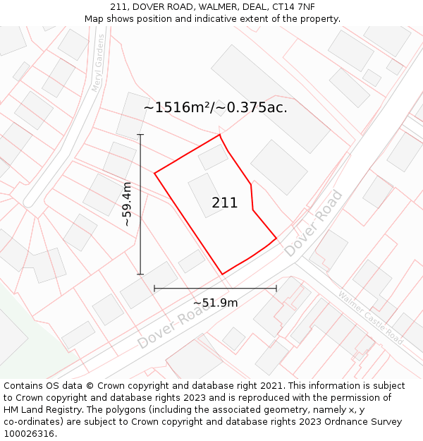 211, DOVER ROAD, WALMER, DEAL, CT14 7NF: Plot and title map