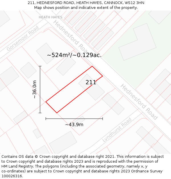 211, HEDNESFORD ROAD, HEATH HAYES, CANNOCK, WS12 3HN: Plot and title map