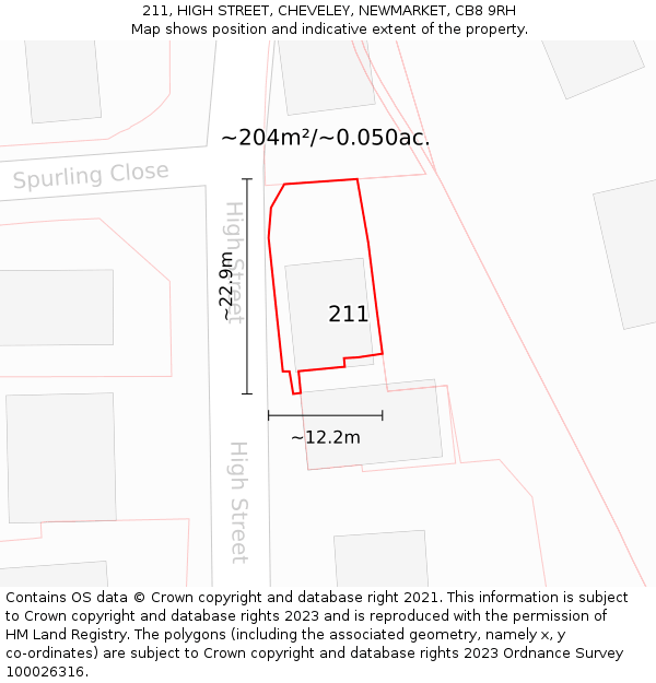 211, HIGH STREET, CHEVELEY, NEWMARKET, CB8 9RH: Plot and title map
