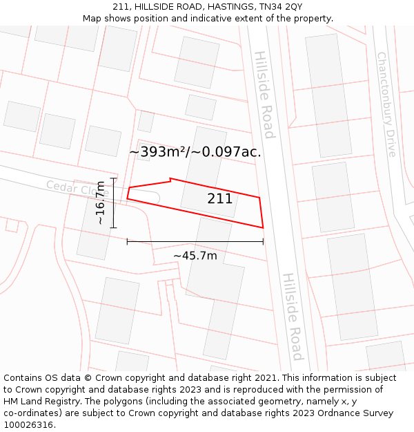 211, HILLSIDE ROAD, HASTINGS, TN34 2QY: Plot and title map