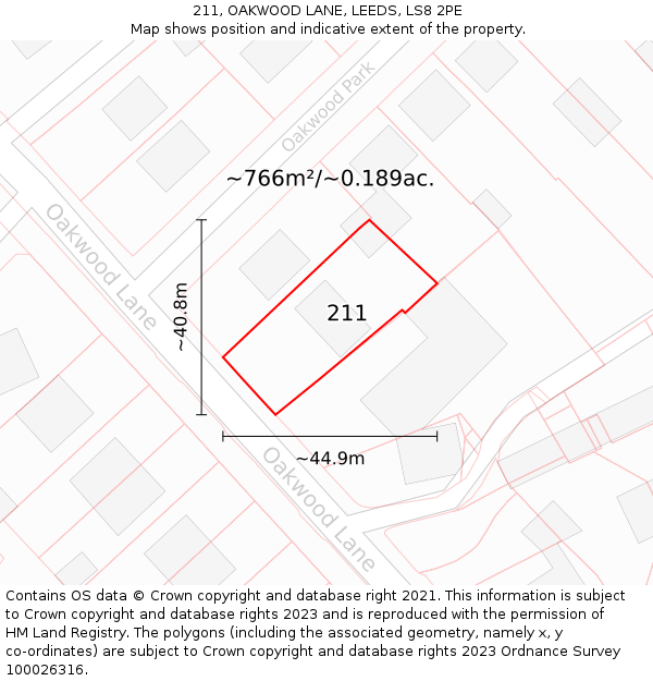 211, OAKWOOD LANE, LEEDS, LS8 2PE: Plot and title map