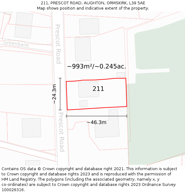 211, PRESCOT ROAD, AUGHTON, ORMSKIRK, L39 5AE: Plot and title map