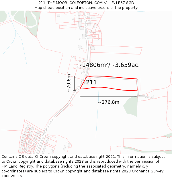 211, THE MOOR, COLEORTON, COALVILLE, LE67 8GD: Plot and title map