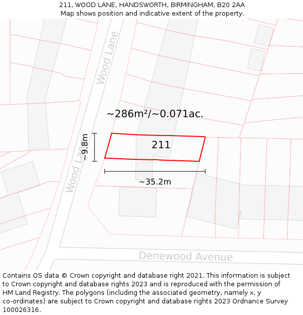 211, WOOD LANE, HANDSWORTH, BIRMINGHAM, B20 2AA: Plot and title map