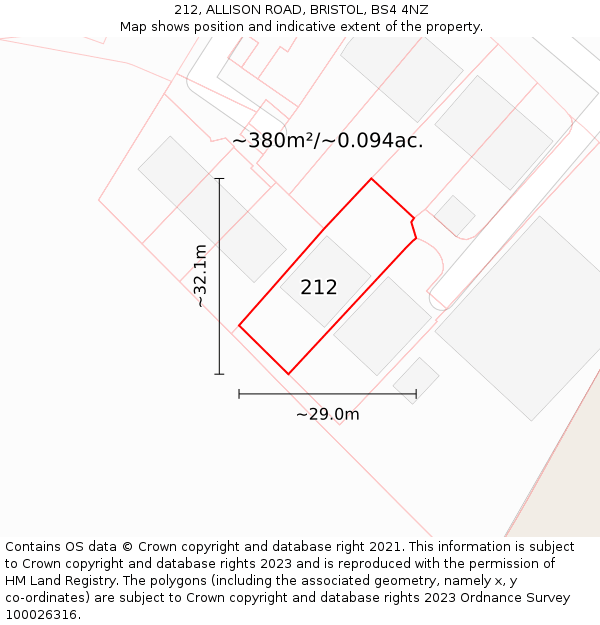 212, ALLISON ROAD, BRISTOL, BS4 4NZ: Plot and title map