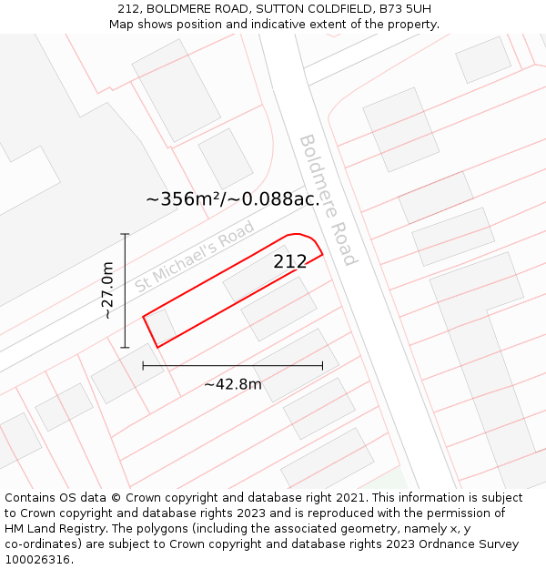 212, BOLDMERE ROAD, SUTTON COLDFIELD, B73 5UH: Plot and title map