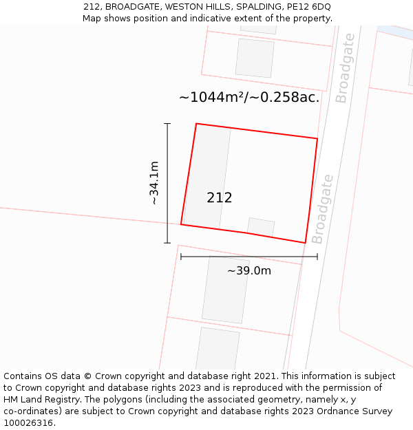 212, BROADGATE, WESTON HILLS, SPALDING, PE12 6DQ: Plot and title map