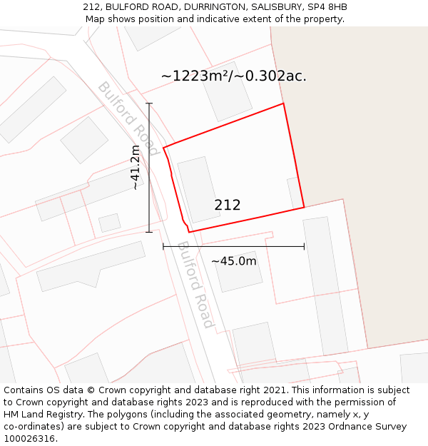 212, BULFORD ROAD, DURRINGTON, SALISBURY, SP4 8HB: Plot and title map