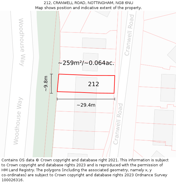 212, CRANWELL ROAD, NOTTINGHAM, NG8 6NU: Plot and title map