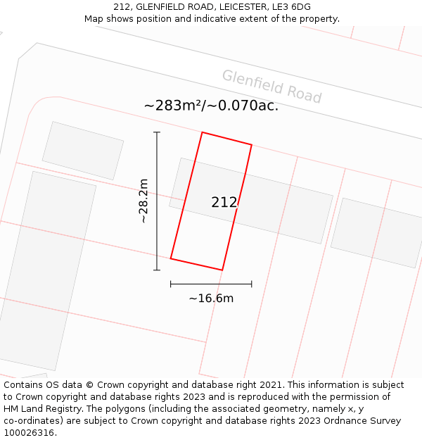 212, GLENFIELD ROAD, LEICESTER, LE3 6DG: Plot and title map