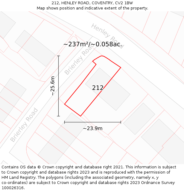 212, HENLEY ROAD, COVENTRY, CV2 1BW: Plot and title map