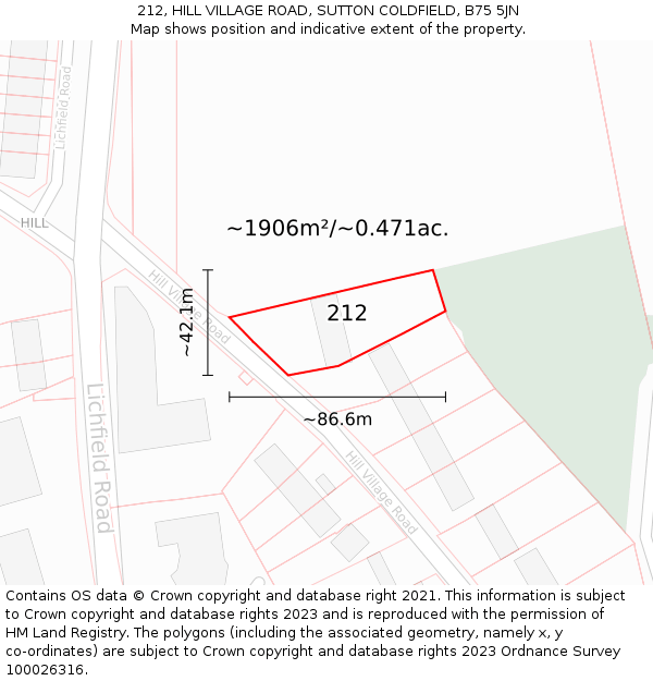 212, HILL VILLAGE ROAD, SUTTON COLDFIELD, B75 5JN: Plot and title map