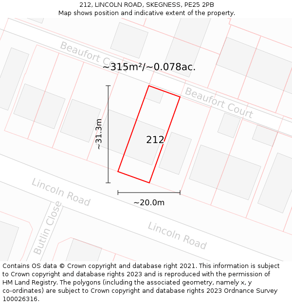 212, LINCOLN ROAD, SKEGNESS, PE25 2PB: Plot and title map