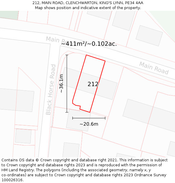 212, MAIN ROAD, CLENCHWARTON, KING'S LYNN, PE34 4AA: Plot and title map