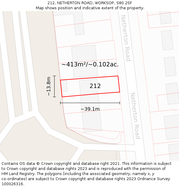212, NETHERTON ROAD, WORKSOP, S80 2SF: Plot and title map