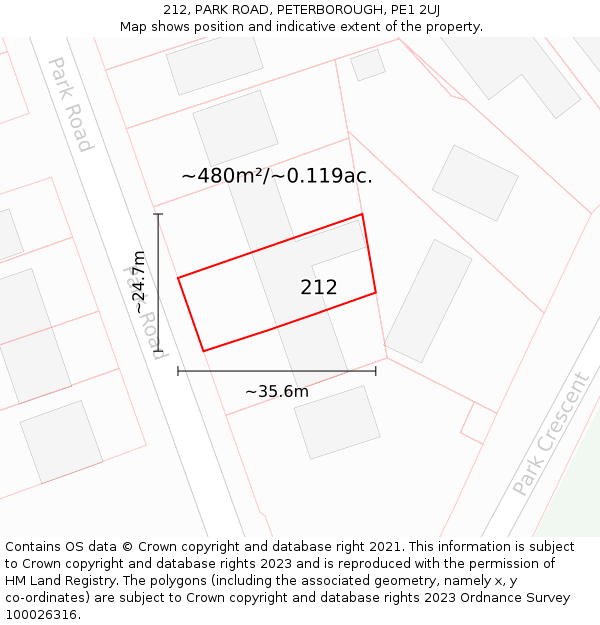 212, PARK ROAD, PETERBOROUGH, PE1 2UJ: Plot and title map