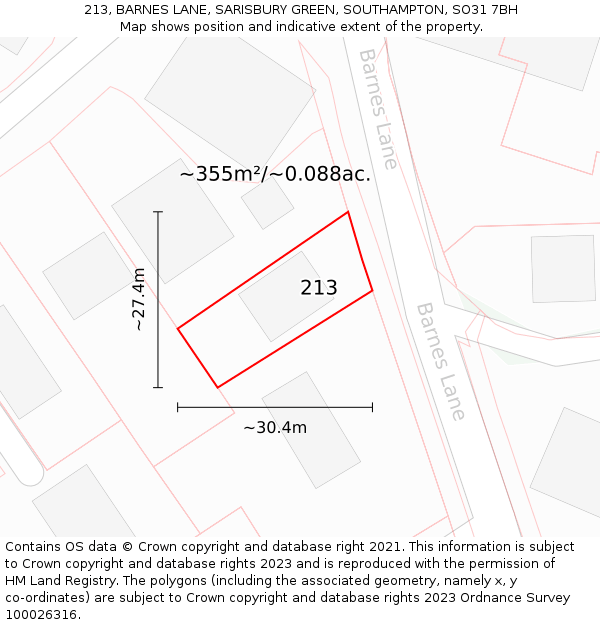 213, BARNES LANE, SARISBURY GREEN, SOUTHAMPTON, SO31 7BH: Plot and title map