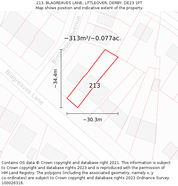 213, BLAGREAVES LANE, LITTLEOVER, DERBY, DE23 1PT: Plot and title map