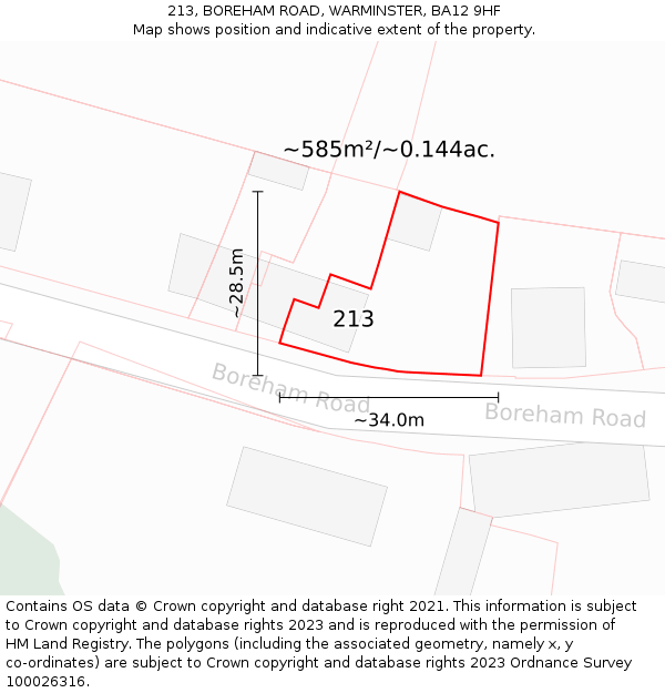 213, BOREHAM ROAD, WARMINSTER, BA12 9HF: Plot and title map