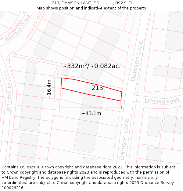 213, DAMSON LANE, SOLIHULL, B92 9LD: Plot and title map