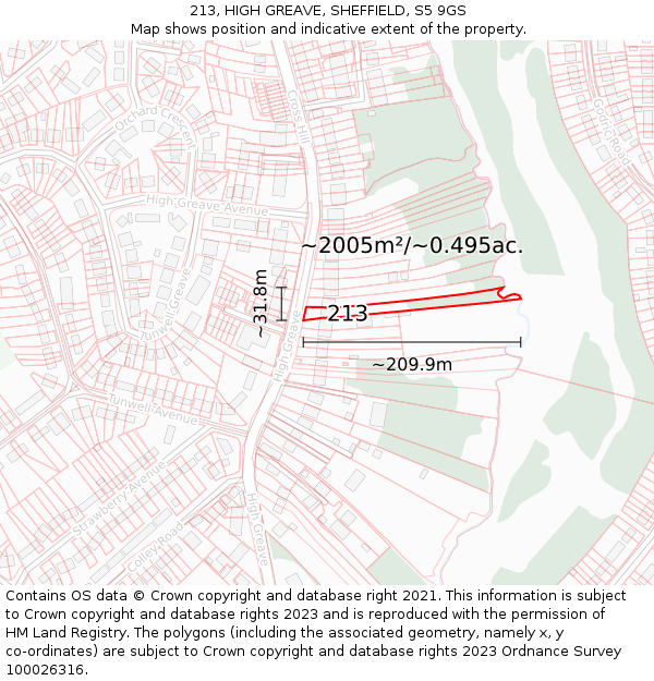 213, HIGH GREAVE, SHEFFIELD, S5 9GS: Plot and title map