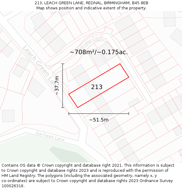 213, LEACH GREEN LANE, REDNAL, BIRMINGHAM, B45 8EB: Plot and title map