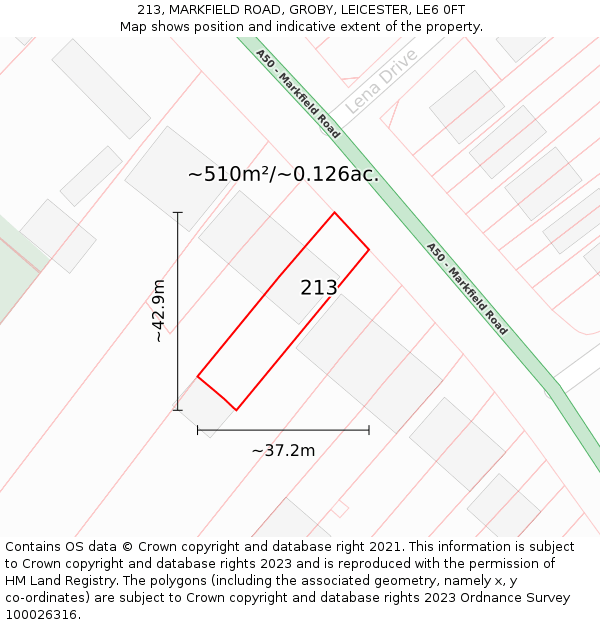 213, MARKFIELD ROAD, GROBY, LEICESTER, LE6 0FT: Plot and title map