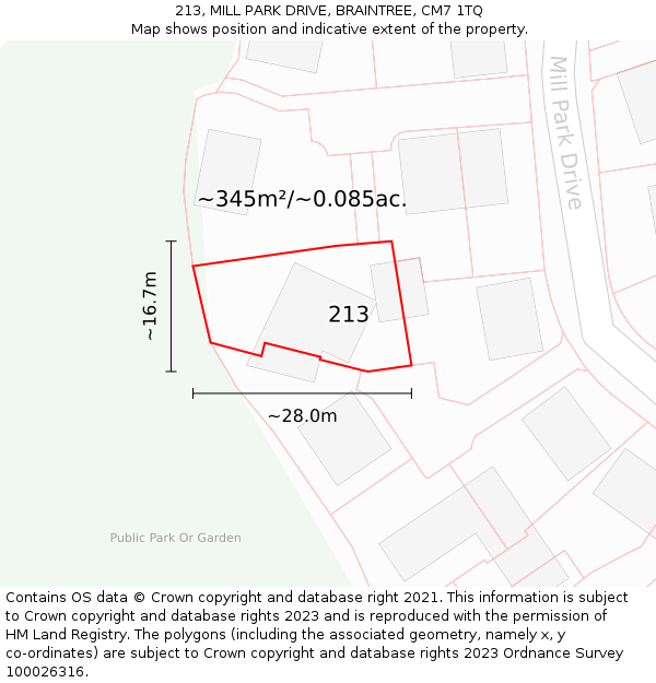 213, MILL PARK DRIVE, BRAINTREE, CM7 1TQ: Plot and title map