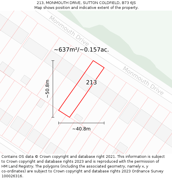 213, MONMOUTH DRIVE, SUTTON COLDFIELD, B73 6JS: Plot and title map