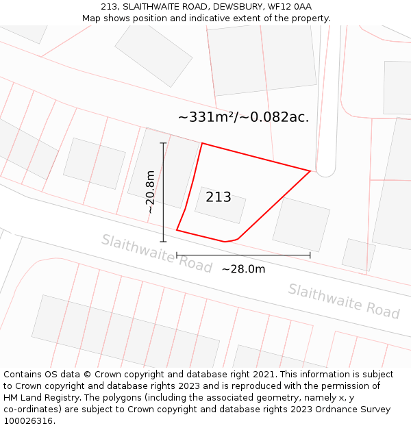 213, SLAITHWAITE ROAD, DEWSBURY, WF12 0AA: Plot and title map