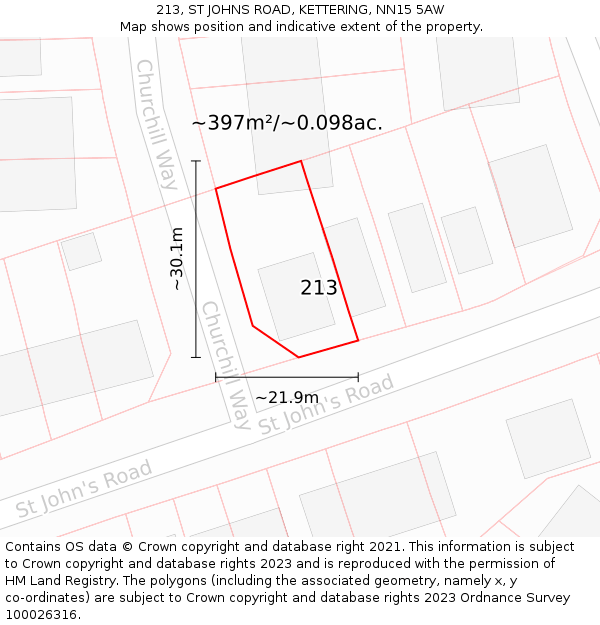 213, ST JOHNS ROAD, KETTERING, NN15 5AW: Plot and title map