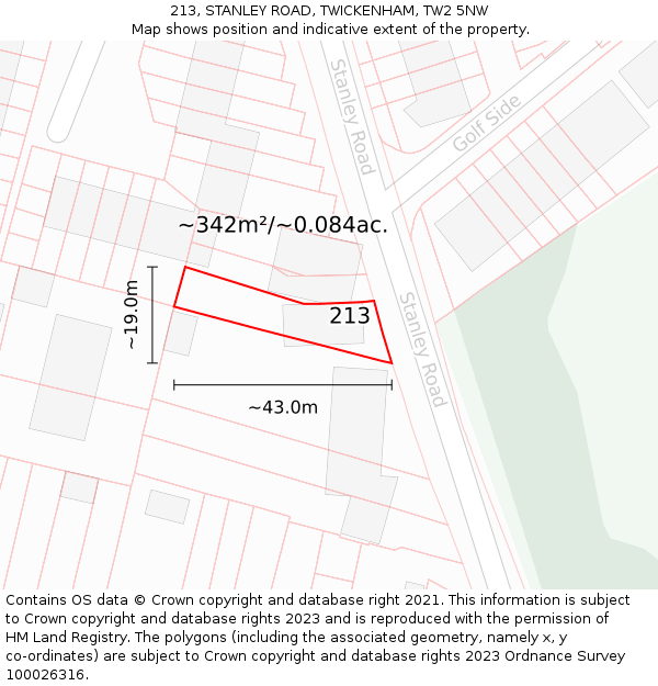 213, STANLEY ROAD, TWICKENHAM, TW2 5NW: Plot and title map