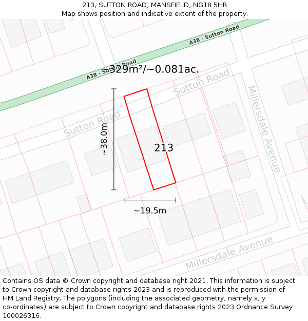 213, SUTTON ROAD, MANSFIELD, NG18 5HR: Plot and title map