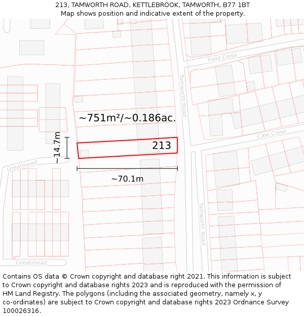 213, TAMWORTH ROAD, KETTLEBROOK, TAMWORTH, B77 1BT: Plot and title map